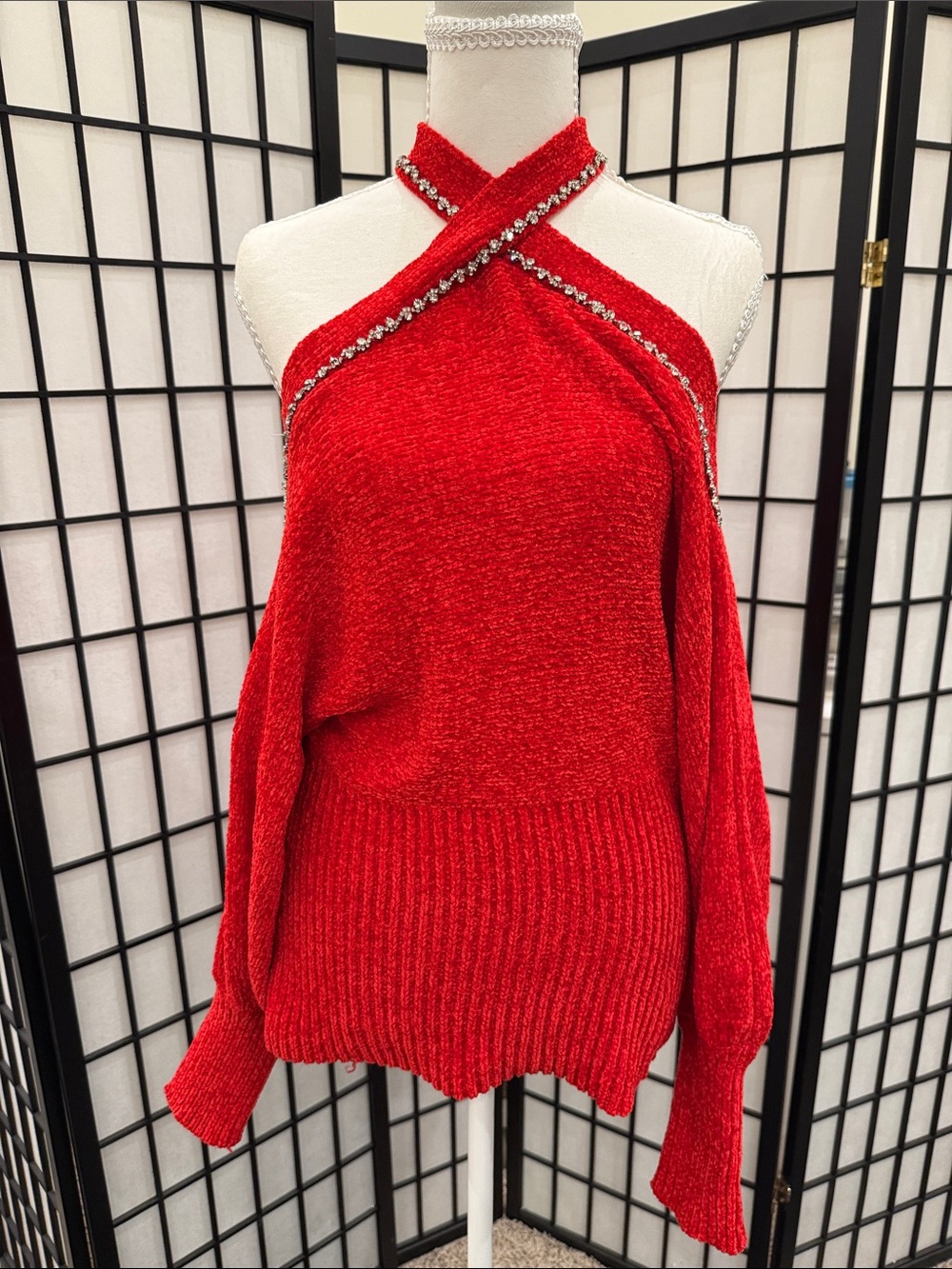 Red Crisscross Halter Cold-Shoulder Sweater